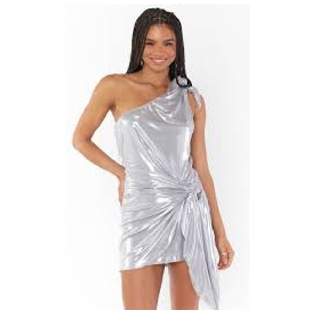 Show Me Your Mumu Genevieve One-Shoulder Wrap Mini Dress Silver Size XS
